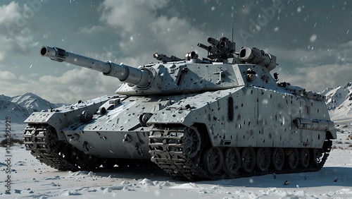 High-Tech Tank with Plasma Cannon on a Snow-Covered Battlefield in Winter Warfare photo