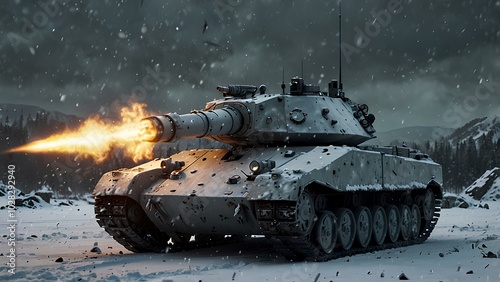 High-Tech Tank with Plasma Cannon on a Snow-Covered Battlefield in Winter Warfare photo