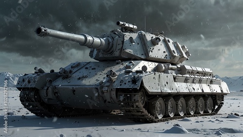 High-Tech Tank with Plasma Cannon on a Snow-Covered Battlefield in Winter Warfare photo