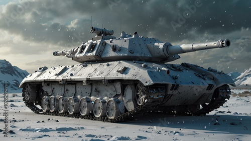 High-Tech Tank with Plasma Cannon on a Snow-Covered Battlefield in Winter Warfare photo