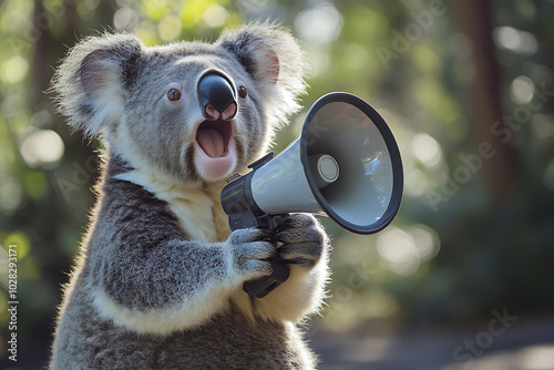 A koala holding a megaphone, appearing to shout or communicate in a lively setting. photo