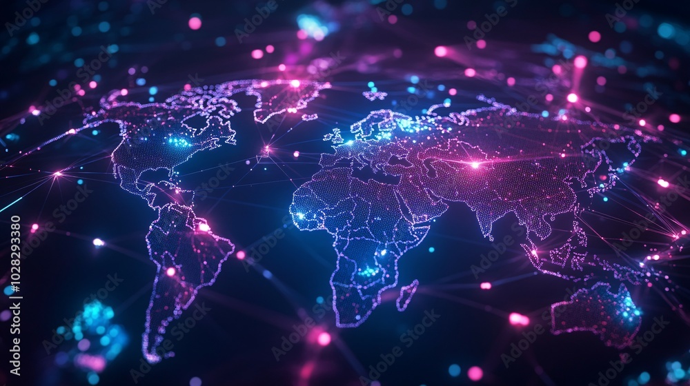 A World Map Formed by Connected Dots with Blue and Pink Lighting A World Map Formed by Connected Dots with Blue and Pink Lighting