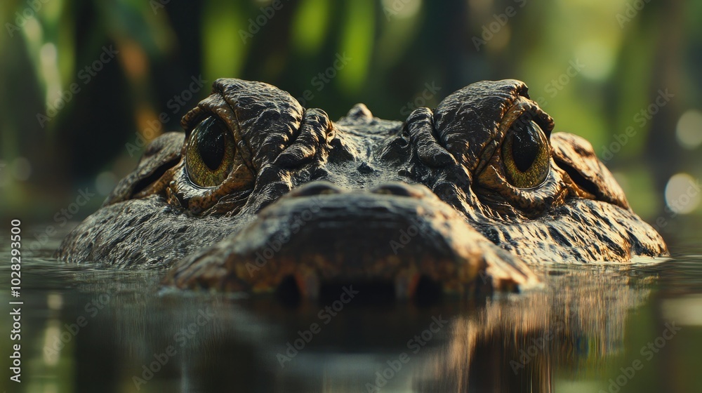 Fototapeta premium A close-up of an American alligator swimming through swampy waters, only its eyes and snout visible above the water surface.