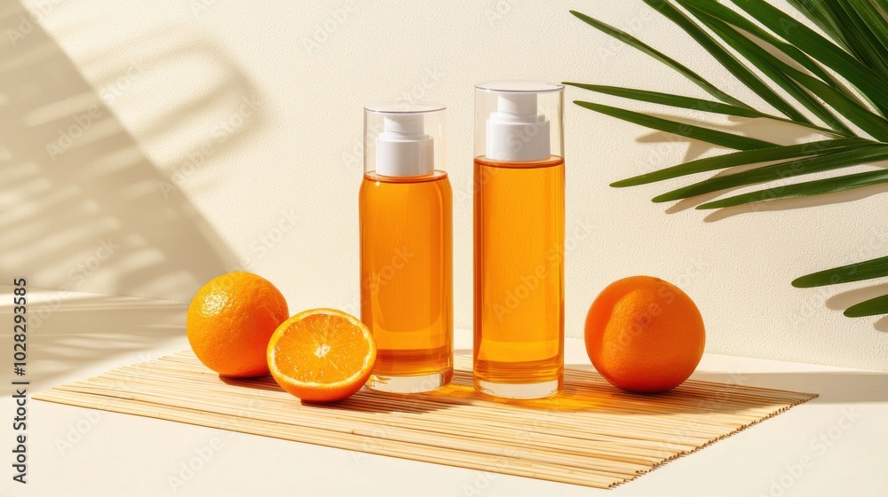 Two orange glass skincare bottles glow on sunny bamboo mat. bottles are surrounded by fresh oranges and palm leaves, creating refreshing and natural aesthetic