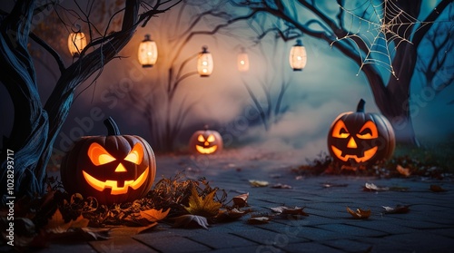 Dark and foggy forest on Halloween night with pumpkins, lanterns and cobwebs