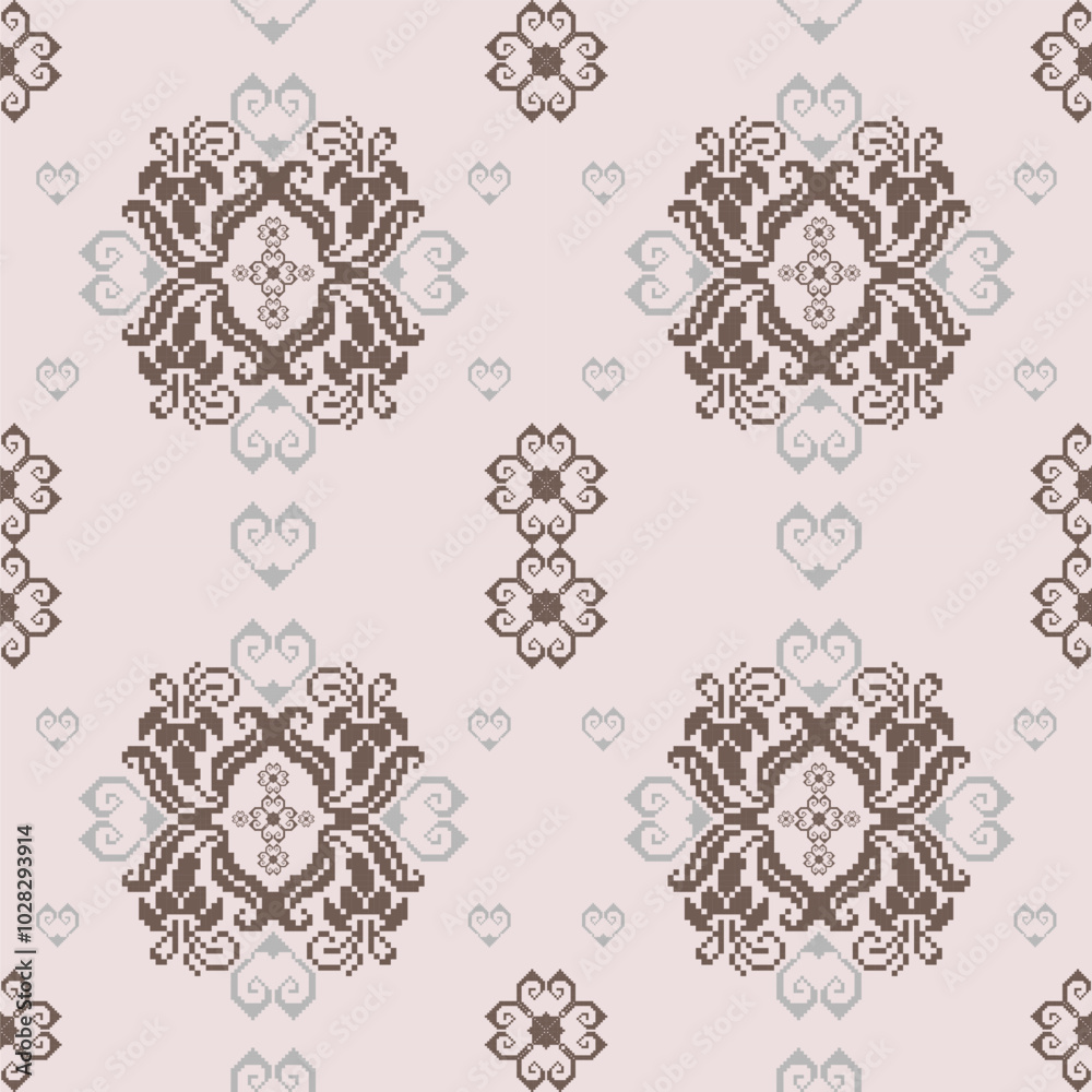 Obraz premium Geometric pixel pattern seamless vector pattern, Mexican blanket, rug, tile, illustration design on pink background with brown.