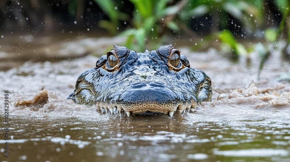 Fototapeta premium A fierce-looking crocodile partially submerged in a murky river, eyes just above the surface.