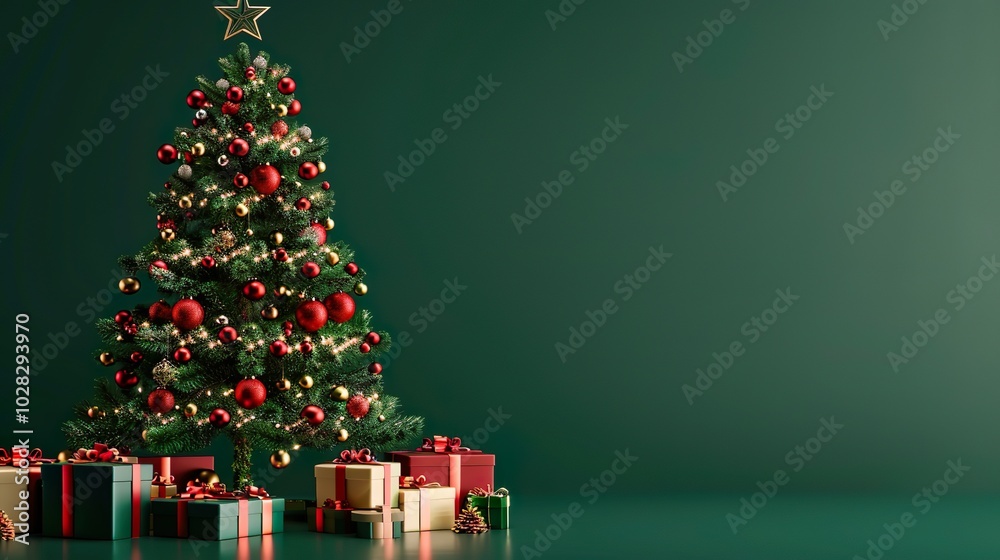 A beautifully decorated Christmas tree surrounded by wrapped gift boxes in various sizes, on a vibrant green backdrop. A beautifully decorated Christmas tree surrounded by wrapped gift boxes in various sizes, on a vibrant green backdrop.