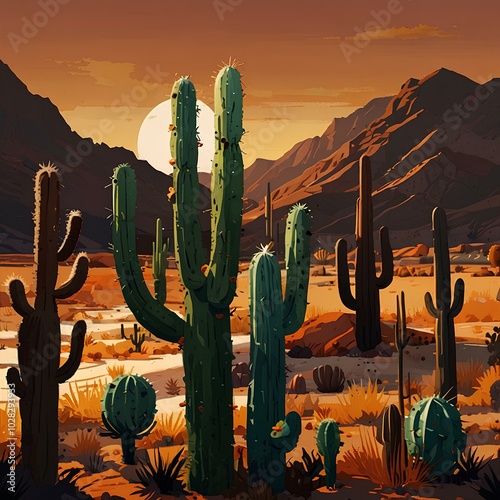 Abstract Cactus and Mountain Landscape – Dark Orange and Light Amber American Regionalism photo