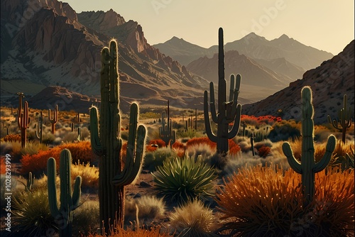 Abstract Cactus and Mountain Landscape – Dark Orange and Light Amber American Regionalism photo