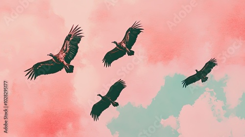 A group of vultures circling high in the sky, searching for food.