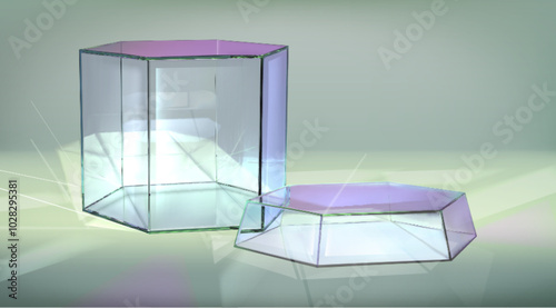 Glass transparent hexagon podium in studio room with floor and wall. Realistic 3d vector platform for product presentation and advertising. Minimal scene with plexiglass crystal showcase stand.
