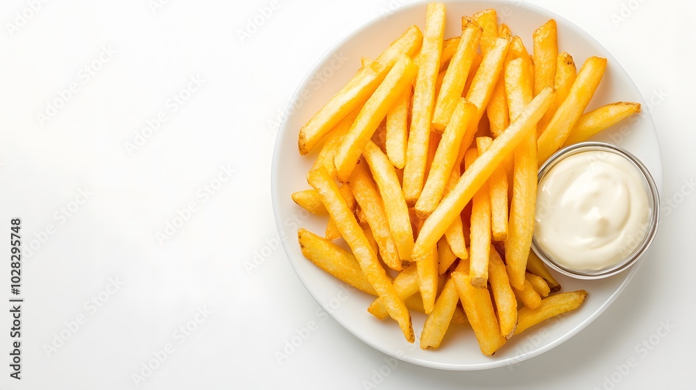 French fries potatoes with mayonnaise on a dish isolated on white background. French fries potatoes with mayonnaise on a dish isolated on white background.
