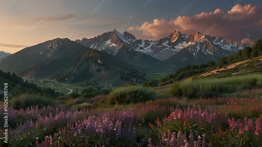 Artistic Mountain Scene – 32K UHD Adventurecore Photography with Purple Blooms Artistic Mountain Scene – 32K UHD Adventurecore Photography with Purple Blooms