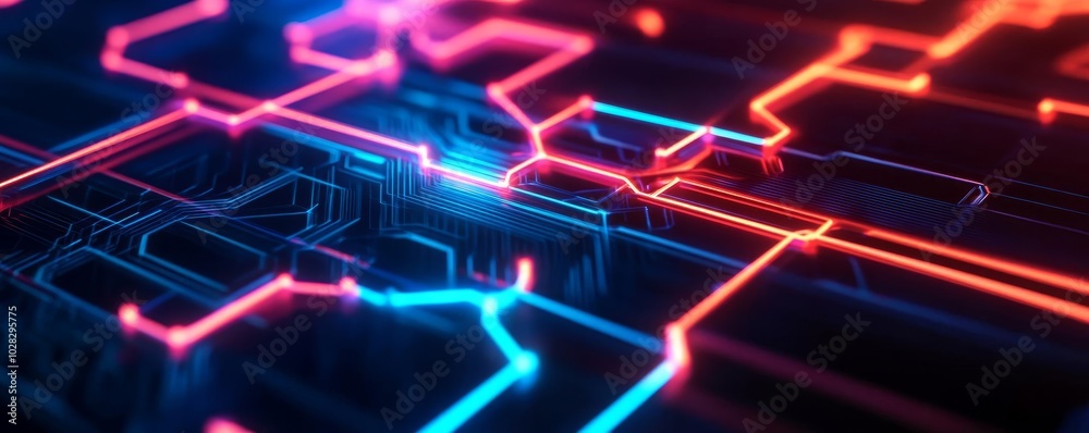 Blockchain efficiency, neon circuits, futuristic tech, dark setting Blockchain efficiency, neon circuits, futuristic tech, dark setting