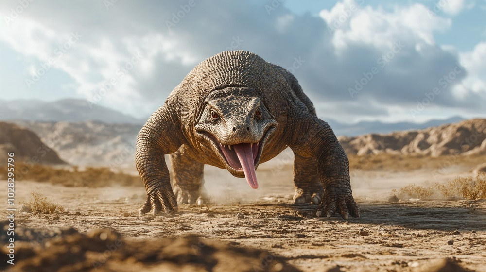 Obraz premium A komodo dragon walking through a barren landscape, its tongue flicking out.