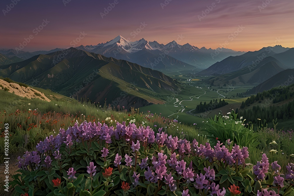 Artistic Mountain Scene – 32K UHD Adventurecore Photography with Purple Blooms Artistic Mountain Scene – 32K UHD Adventurecore Photography with Purple Blooms