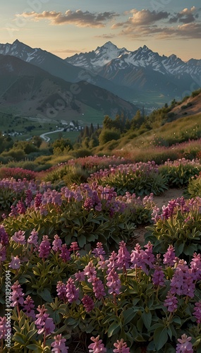 Artistic Mountain Scene – 32K UHD Adventurecore Photography with Purple Blooms