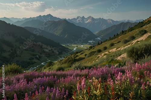 Artistic Mountain Scene – 32K UHD Adventurecore Photography with Purple Blooms photo