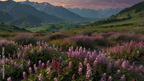 Artistic Mountain Scene – 32K UHD Adventurecore Photography with Purple Blooms photo