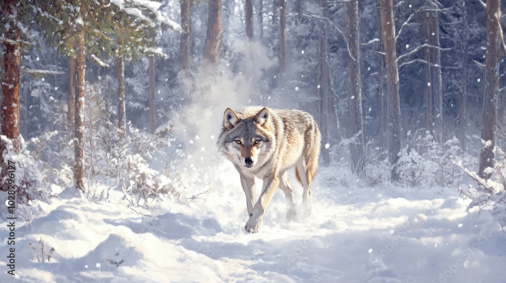 A lone wolf walking through the snow-covered forest, its breath visible in the cold air. A lone wolf walking through the snow-covered forest, its breath visible in the cold air.