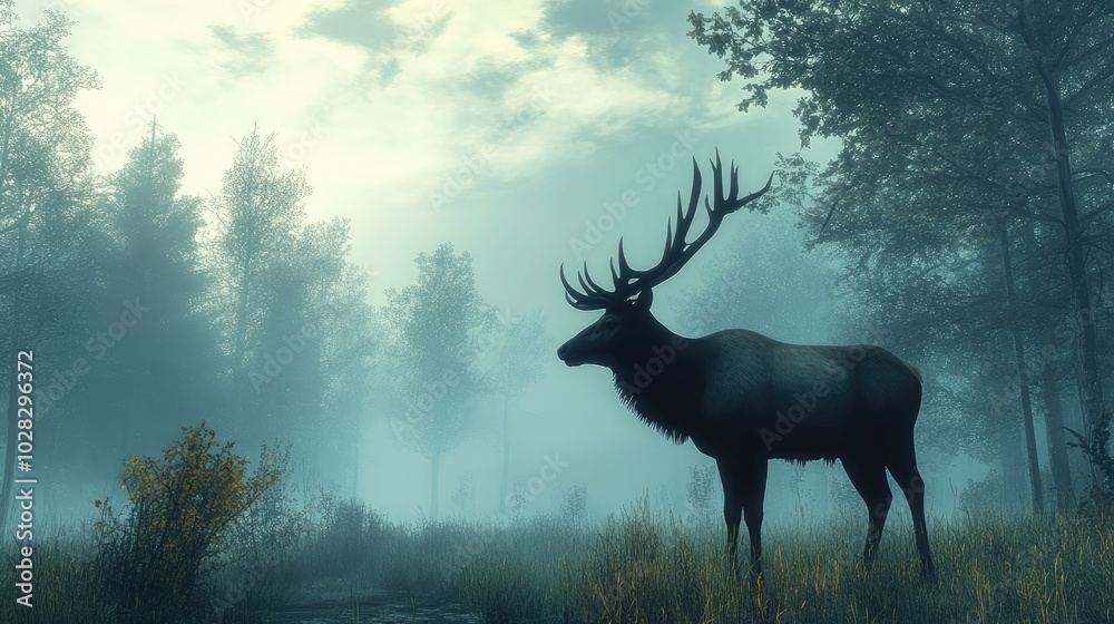 A majestic elk standing tall in a misty forest clearing. A majestic elk standing tall in a misty forest clearing.