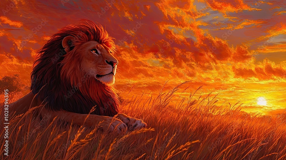 Naklejka premium A majestic lion resting in the tall grass of the savannah under a vibrant sunset.