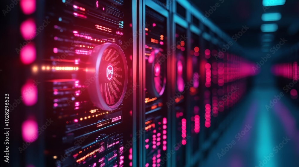 Blockchain mining rigs, neon lights, tech innovation, dark ambiance Blockchain mining rigs, neon lights, tech innovation, dark ambiance