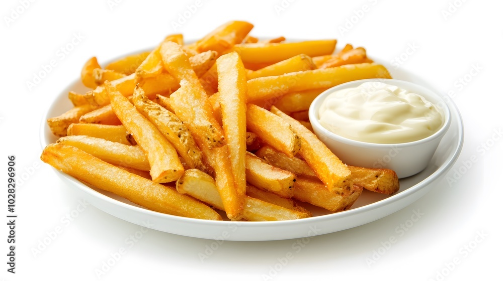 French fries potatoes with mayonnaise on a dish isolated on white background. French fries potatoes with mayonnaise on a dish isolated on white background.