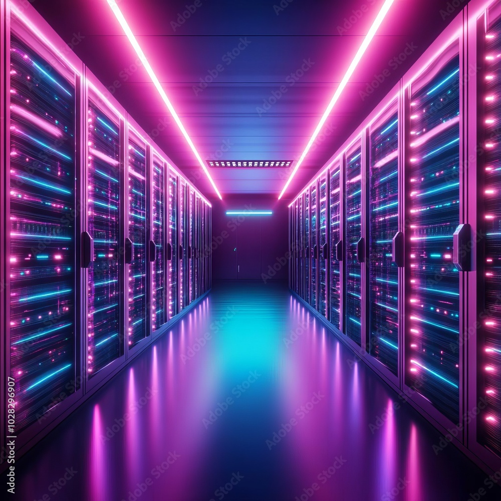 Fototapeta premium Blockchain server room, neon glow, high-tech efficiency, dark space