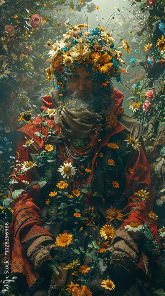 Fototapeta premium Man with Floral Crown in a Garden of Flowers