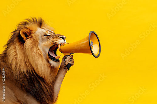 A lion using a megaphone against a bright yellow background, conveying a loud message.