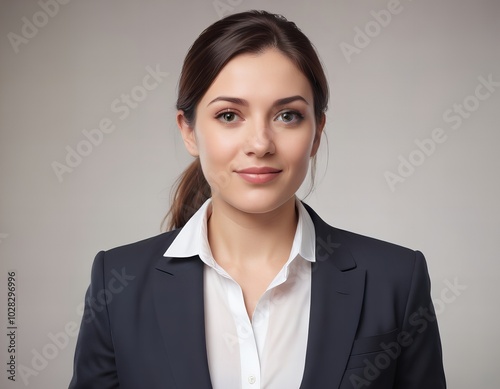 there is a woman in a business suit posing for a picture.