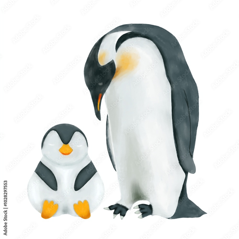 Obraz premium Watercolor penguin and a baby chick standing together isolated. Hand drawn cute penguin chick.