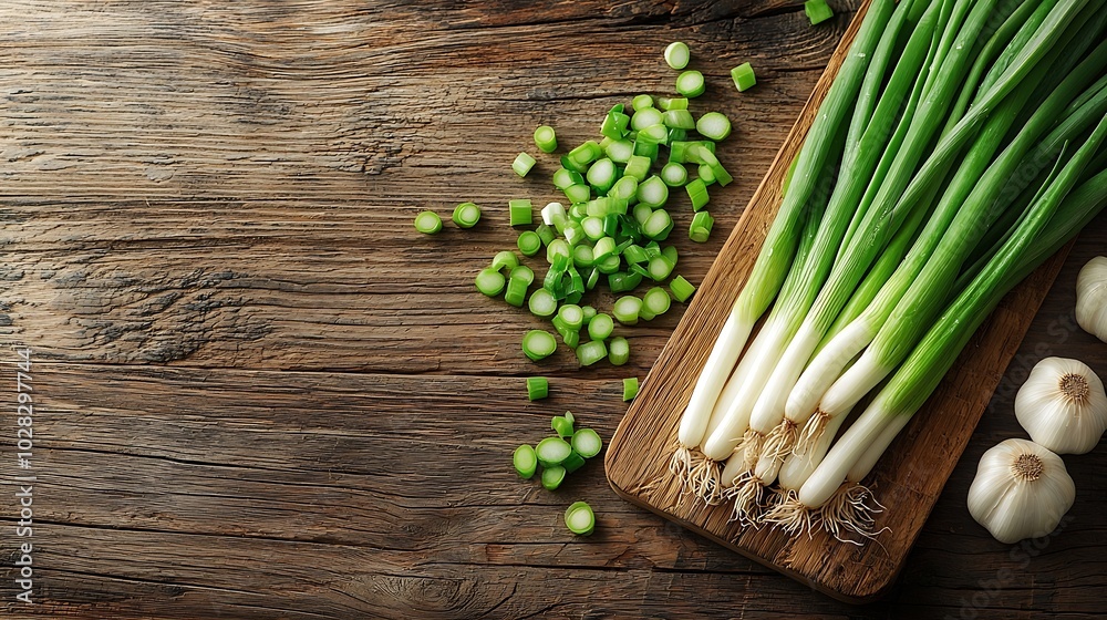 Spring green onions salad onions green onions or scallions on wooden board with garlic and green beans on a wooden background : Generative AI Spring green onions salad onions green onions or scallions on wooden board with garlic and green beans on a wooden background : Generative AI