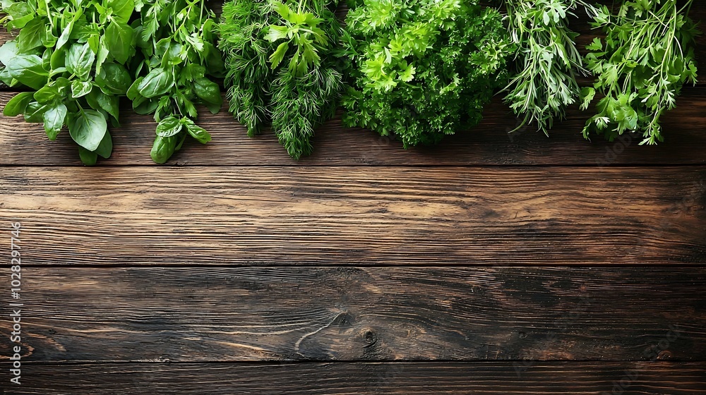 Assortment of fresh herbs Wooden background Copy space Top view : Generative AI