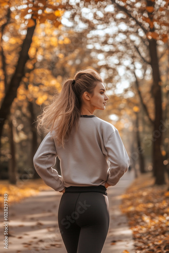 A female interested in sports, jogging slowly, view from the back, autumn city park photo