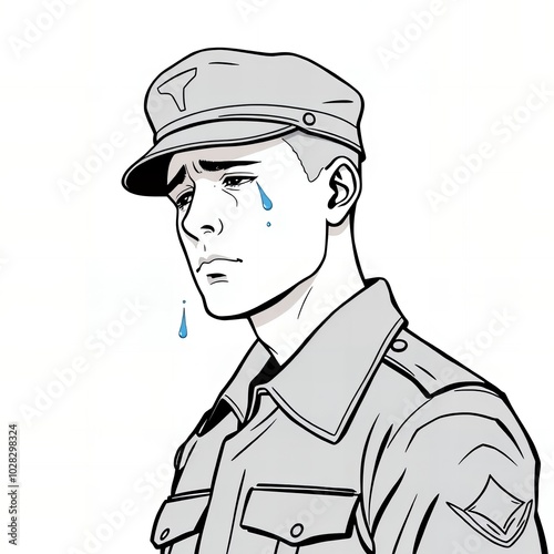 there is a drawing of a man in a uniform crying.