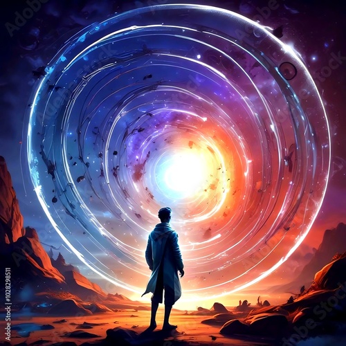 Timetraveler standing in front of large shiny portal. photo