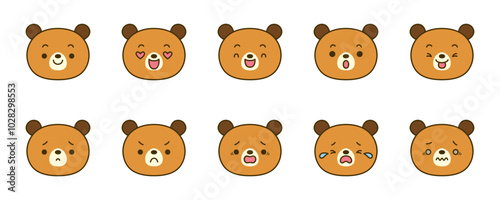 Cute bear face icon set with various facial expressions.