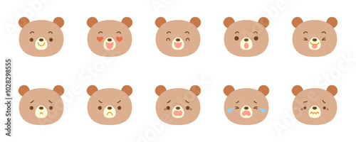 Cute bear face icon set with various facial expressions.