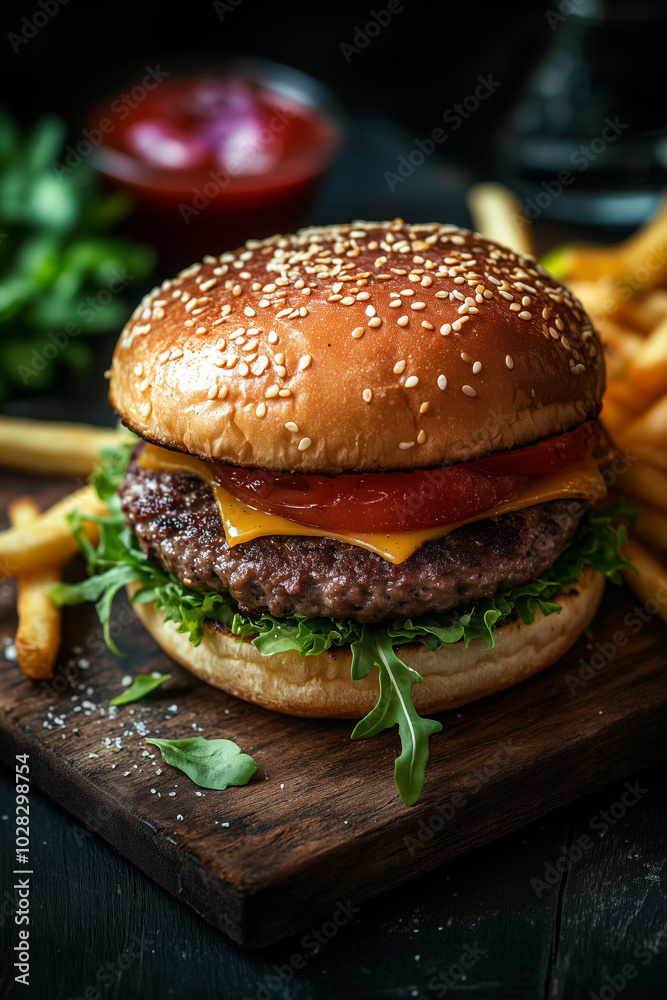 Hamburger with fries, food photography. Hamburger with fries, food photography.