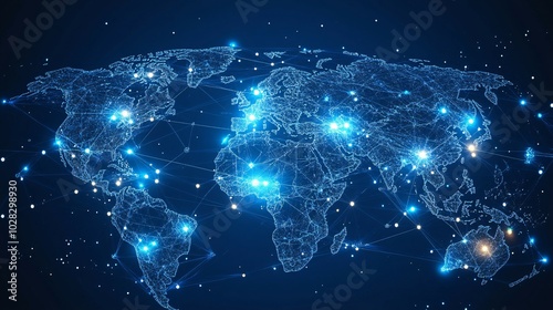 A Stylized World Map Depicting Global Connectivity with Blue Lines and Glowing White and Yellow Nodes