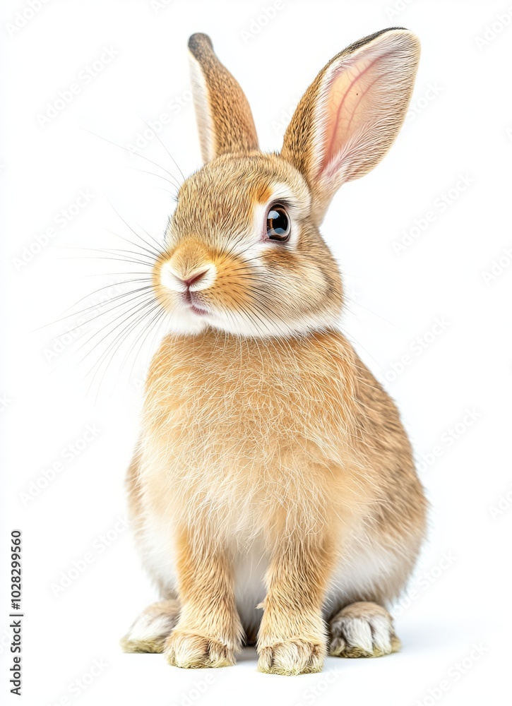 Obraz premium A cute brown rabbit with big ears and a fluffy tail sits on a white background and looks to the side.