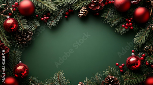 Christmas decoration background in green with ample copy space, featuring a "Merry Christmas" theme in a flat lay banner style.