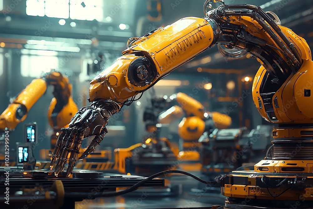 Two humanoid robots interact in a modern, illuminated setting, displaying AI progress. Two humanoid robots interact in a modern, illuminated setting, displaying AI progress.