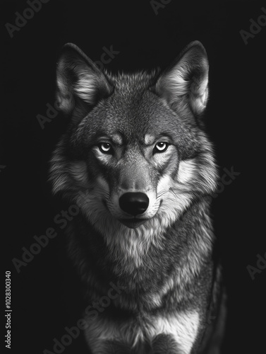 A black and white photograph of a grey wolf on a dark background.