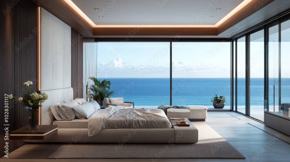 Bright, spacious bedroom with ocean vistas and modern decor invites tranquility and comfort Bright, spacious bedroom with ocean vistas and modern decor invites tranquility and comfort