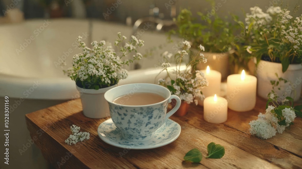 A calming cup of herbal tea rests next to a bubble bath, illuminated by soft candlelight A calming cup of herbal tea rests next to a bubble bath, illuminated by soft candlelight