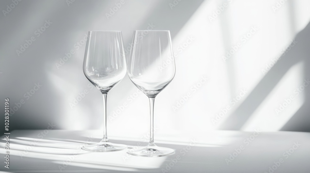 Two sophisticated wine glasses rest elegantly on a white surface with soft shadows Two sophisticated wine glasses rest elegantly on a white surface with soft shadows